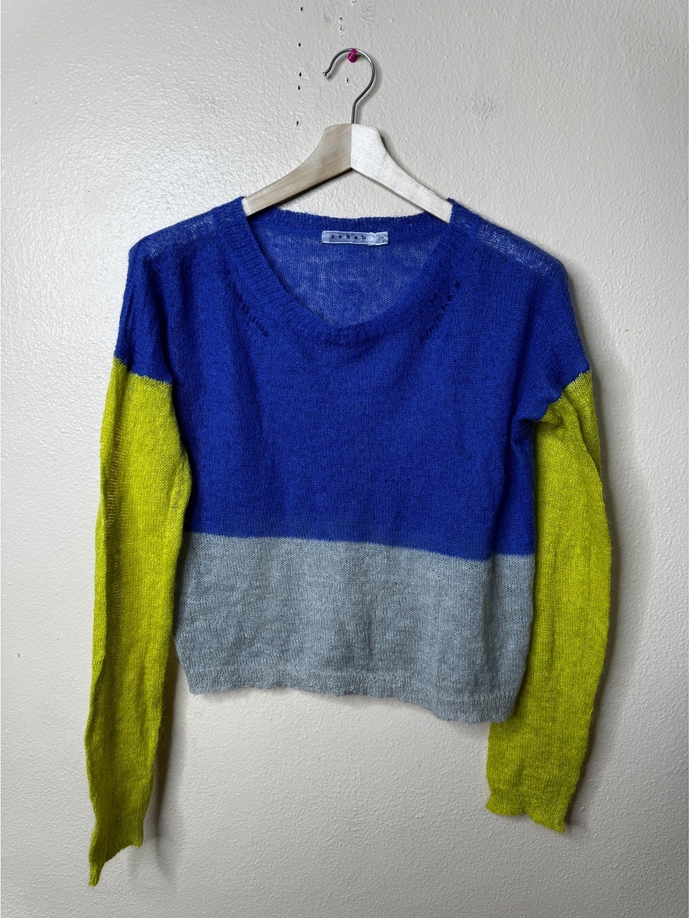 Rehab Colorblock Sweater S/M Blue Gray Lime Wool Blend Lightweight Knit Top